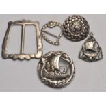 4 vintage silver brooches and a buckle