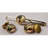 RARE 'FOR THE ANGLER AT HEART' A pair of vintage cufflinks and a matching tie-pin depicting