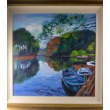 LYN RODGIE ORIGINAL oil on canvas 'Row boats in Autumn' Killin Perthshire size 70cm x 68cm