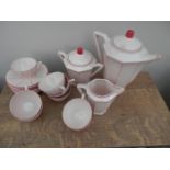 Art deco French Digoin and Sarreguemes part tea set in pink and red