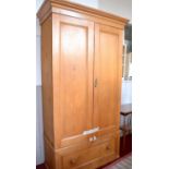 Antique pine wardrobe/linen press with twin inscribed panel doors above a large drawer