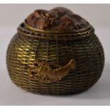 Antique Japanese Armourers work bronze creel fishing basket inkwell with applied gilt lobster