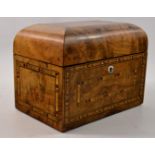 Late c18th century Light walnut inlaid tea caddy with mother of pearl key hole surround