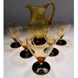 Art deco amber glass lemonade set with elegant jug and 5 stylish glasses