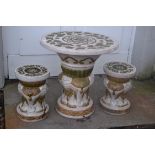 Elephant depicted hand made designed ceramic patio table and 2 patio ceramic stools - beautiful-