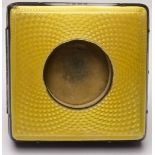 Birmingham silver rimmed pocket watch holder with yellow enamelled front and leather back