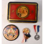 Coronation Souvenir badges and tin(L 13.5cm x W 8.5cm), both Edward V111 and George V1 etc