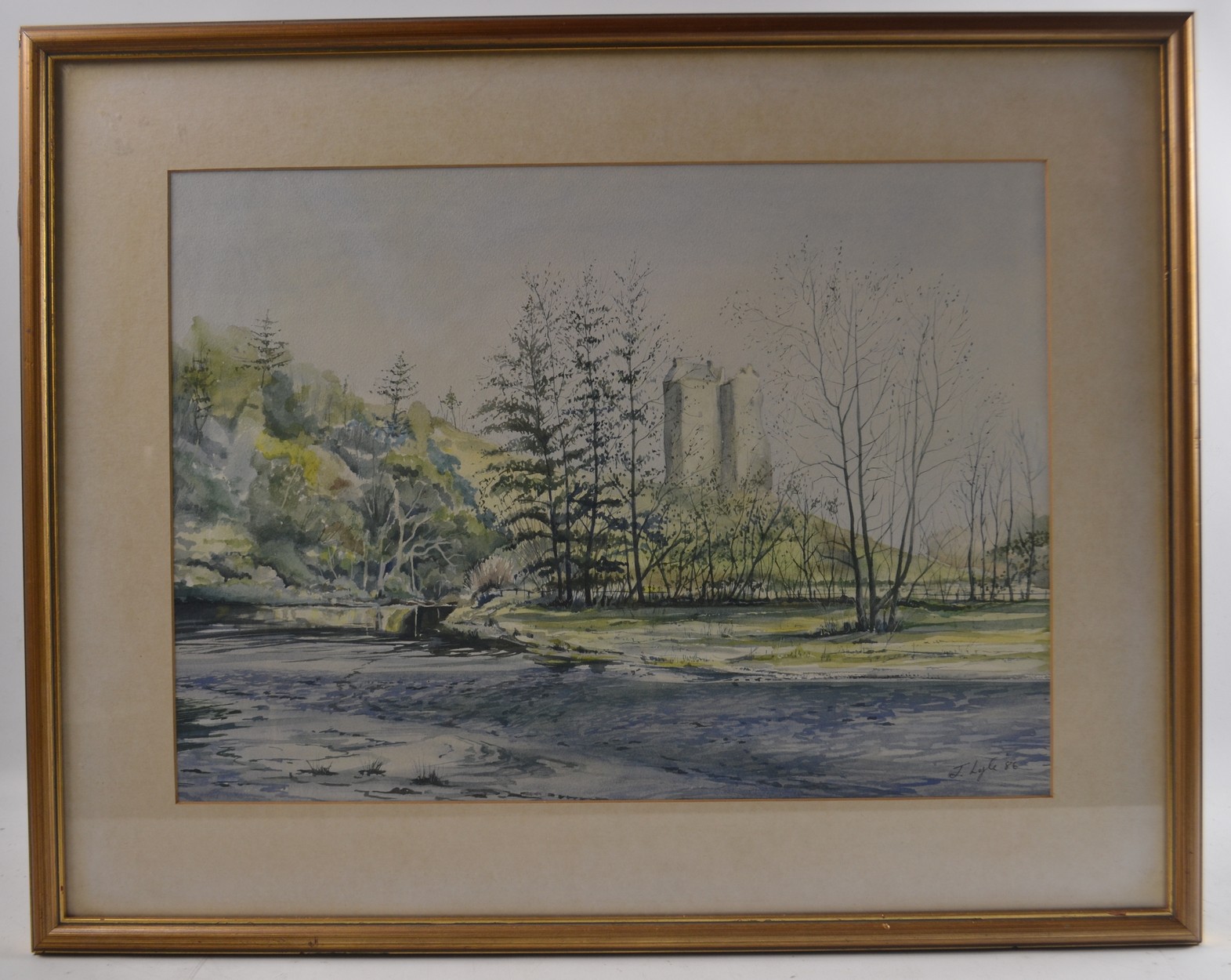 J LYLE 'Neidpath Castle Peebles'1986 watercolour 45cm length x 33cm Height.Condition Report: - Image 6 of 12