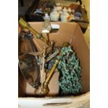 Box containing 2 Wooden Candlesticks, Horse Brass, Toasting Fork, Biafran Shell Casing from 1970