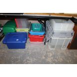 19 Stacking Storage Boxes, mostly lidded, some hinged, some with integral rollers