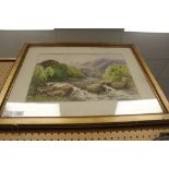 19th Century Watercolour of Mountainous Landscape- River Scene with Poaches