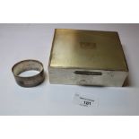 Silver cigarette box and a silver napkin ring