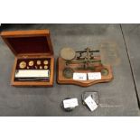 Victorian postal scales, boxed weights and 4 other items