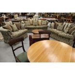 Modern green and brown cut leaf fabric three piece suite & cushions