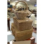2 Wickerwork picnic baskets and a shopping basket