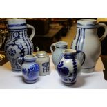 6 German Pottery - Westerwald pitchers including a Stein