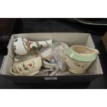 Box including Spode tea cups and saucers