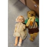 Bag including a Merrythought Teddy and Pedigree Walking Doll