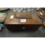 19th Century rosewood work box (a.f.), with some contents