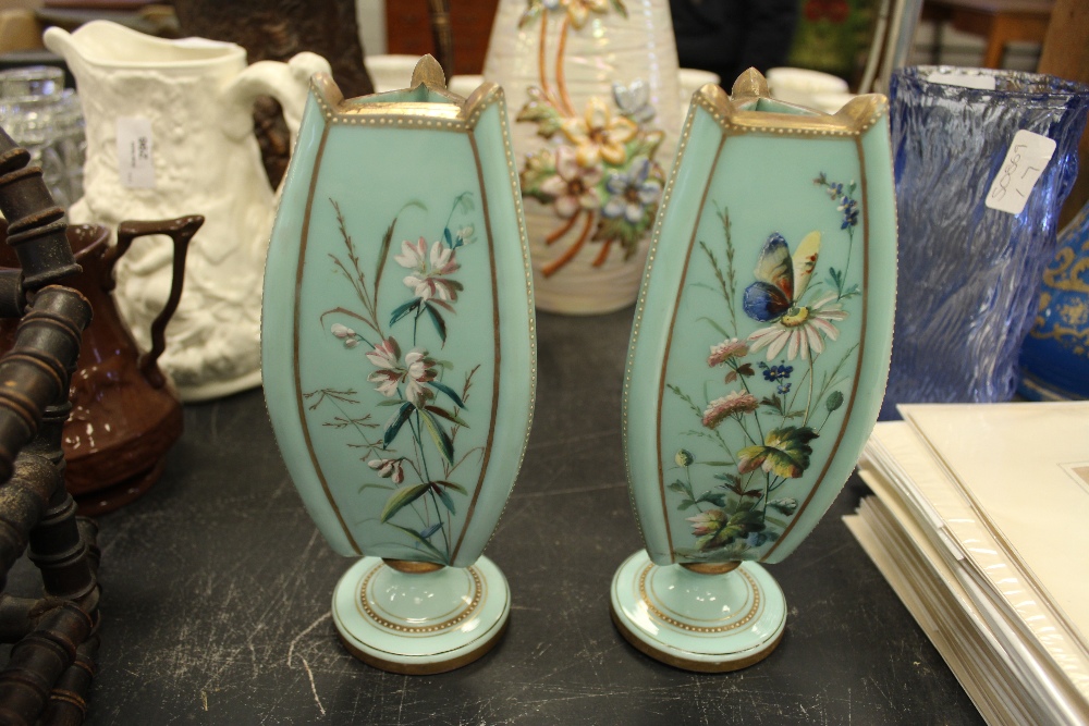 Pair of Victorian pale green opaque glass vases of Aesthetic design (one damaged) - Image 4 of 12