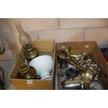 2 boxes of mixed metalware with oil lamps