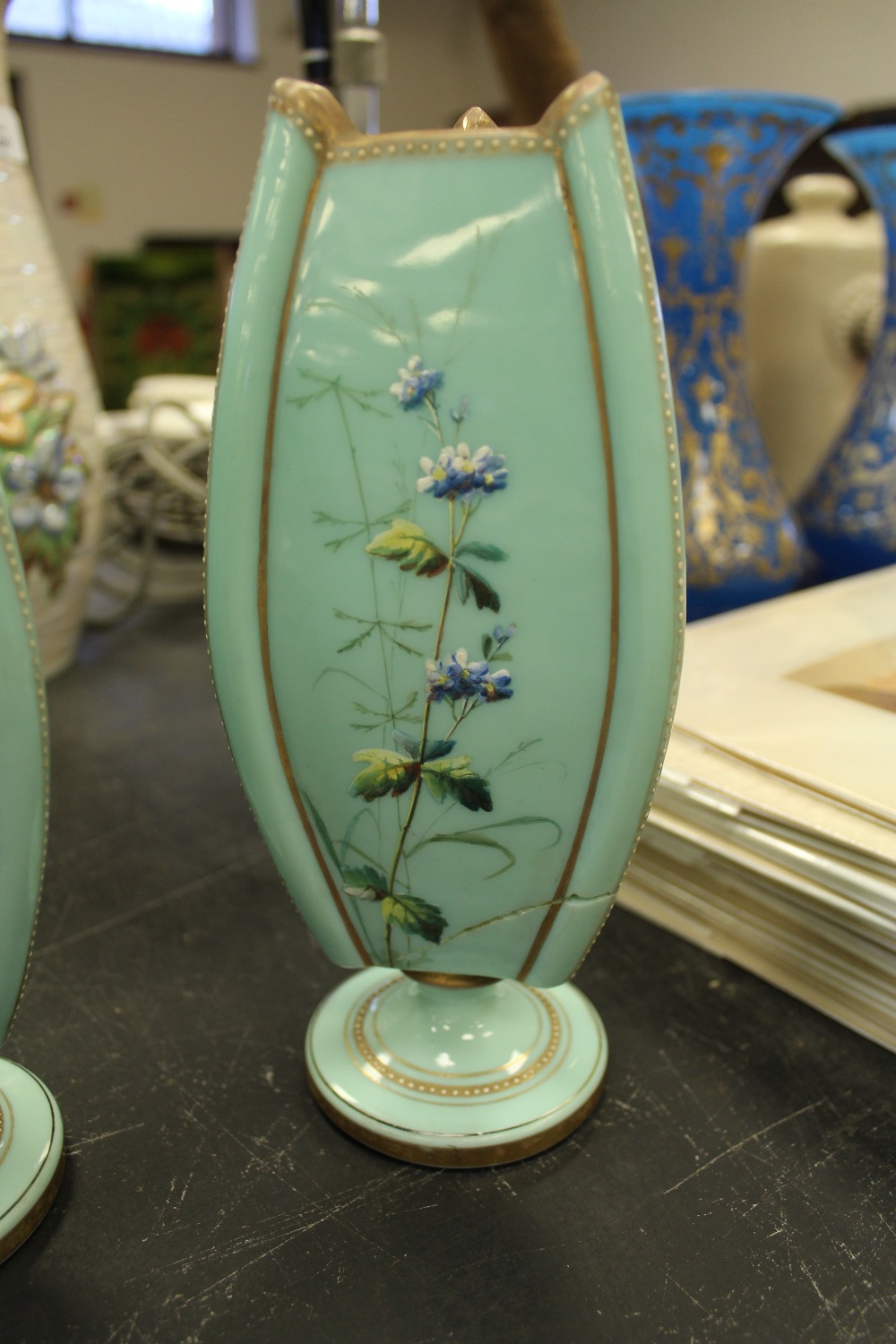 Pair of Victorian pale green opaque glass vases of Aesthetic design (one damaged) - Image 8 of 12