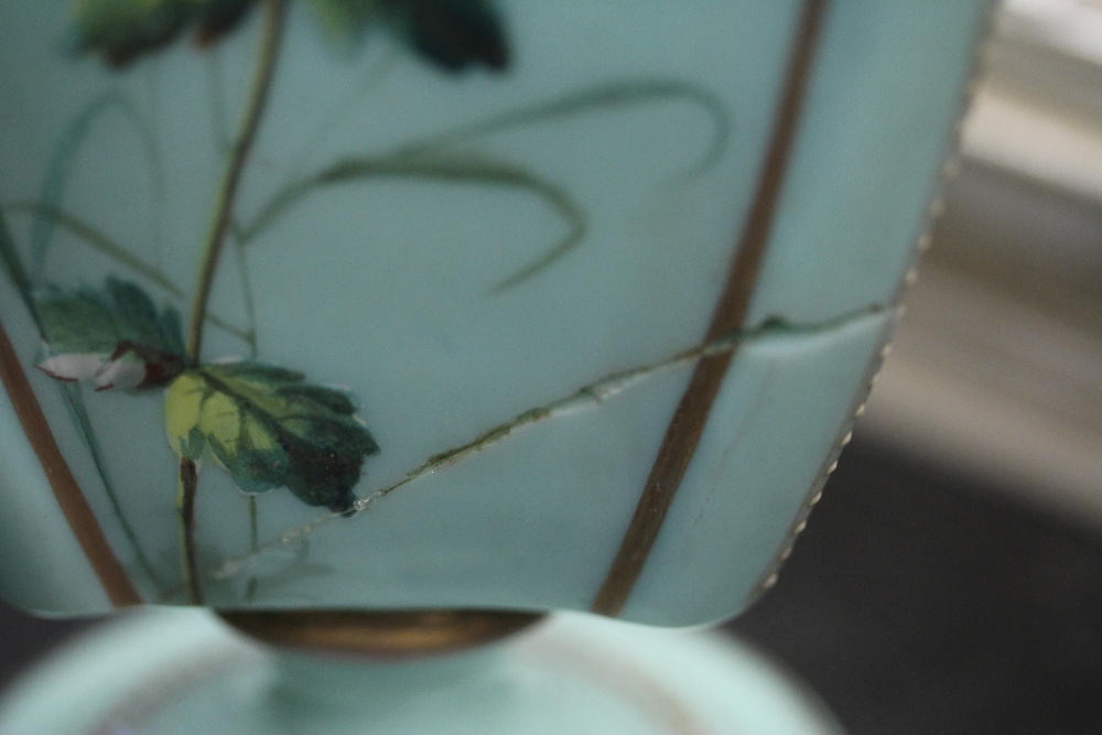 Pair of Victorian pale green opaque glass vases of Aesthetic design (one damaged) - Image 9 of 12