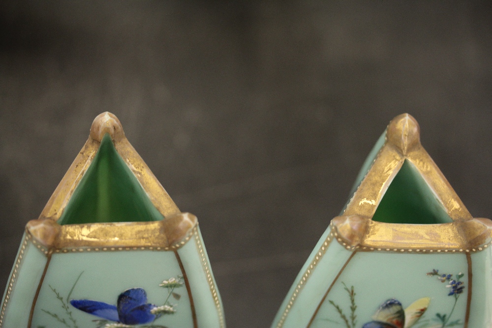 Pair of Victorian pale green opaque glass vases of Aesthetic design (one damaged) - Image 3 of 12