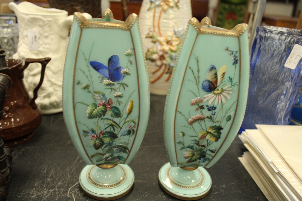 Pair of Victorian pale green opaque glass vases of Aesthetic design (one damaged) - Image 2 of 12