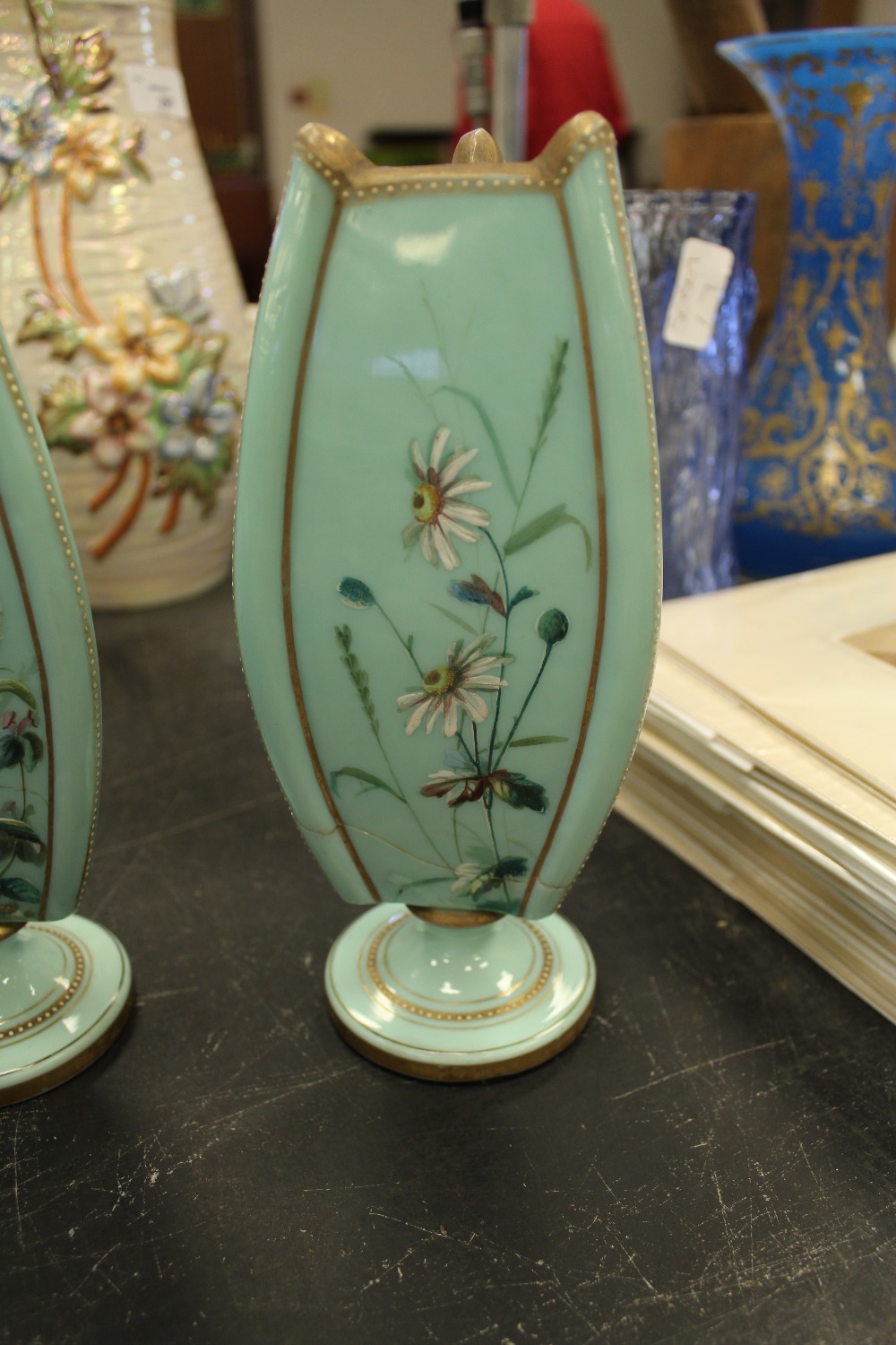 Pair of Victorian pale green opaque glass vases of Aesthetic design (one damaged) - Image 7 of 12