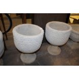 2 Mayan Urns - circular planters decorated with Aztec design on circular base