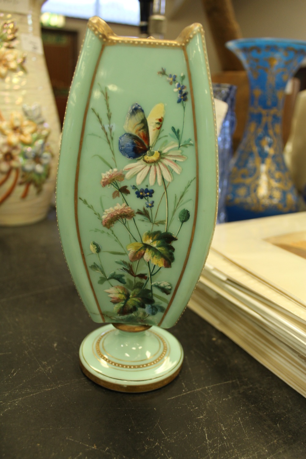 Pair of Victorian pale green opaque glass vases of Aesthetic design (one damaged) - Image 11 of 12