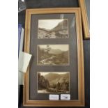 Framed group of three Lakes postcards - 'The Bridge to Sty Head Pass', 'Watendlath' and '