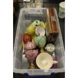 Inlaid Mother of Pearl box. Carlton ware cruet, enamel eggs etc