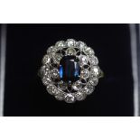 18ct gold diamond and sapphire cluster ring, sapphire 1.1 carats, 1.05 carats diamonds, insurance