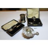 Dutch Victorian 19th Century silver cast spoon strainer, silver christening tankard, silver baby