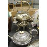 Large silver plate spirit kettle and teapot and candle holder