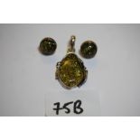 Green amber & silver suite: Pendant & earrings