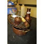 Sankey copper vase, two other copper items & white metal scallop dish