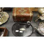 Antique brass bound sewing box and silver inlaid ebony items