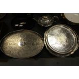 3 engraved silver plate trays on claw feet