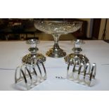 Pair of silver toast racks, pair of plated candlesticks and glass/silver bowl