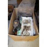 Box of plated wares, picture frames etc