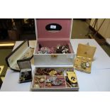 Jewellery box and various costume jewellery, inc 2 cameo pendants, girl guides badge, pearls etc