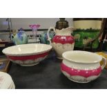 19th Century matching bowl, jug and chamber pot, maroon and gold patterned design