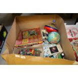 Box including vintage games and toys
