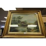 Oil Painting of a Lake by J Borrow 1923 in original gold painted frame