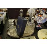 Plated tray, decanters, etc.