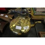 19th century brass tea kettle and pair of candlesticks