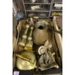 Box of brass wares, andirons, copper, etc.